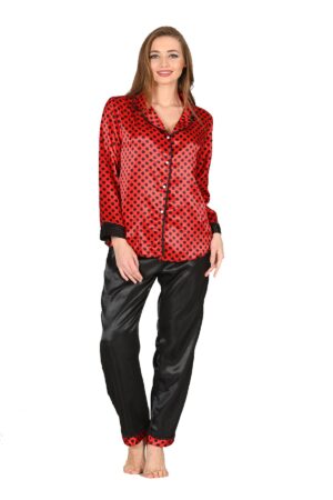 Puantiyeli Biyeli Saten Pijama Takımı