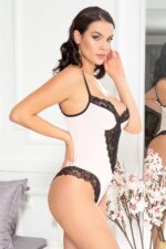 Pudra Fantezi Seksi Dantel Detaylı Penye Bodysuit