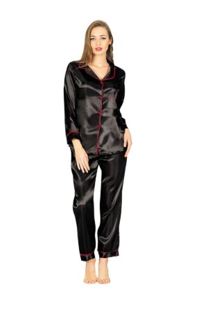 Siyah Biyeli Saten Pijama Takımı