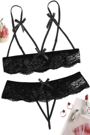 Siyah Fantezi Seksi Büyük Beden Özel Bölgesi Açık Sütyen Takımı B-66191SYH