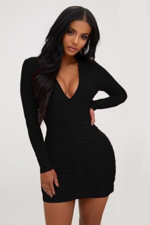 Siyah Fantezi Seksi Büzgülü Mini Elbise TP101607