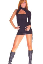 Siyah Fantezi Seksi Drape Detaylı Tek Omuz Uzun Kollu Mini Elbise TP100988