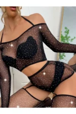 Siyah Fantezi Seksi Fileli Taşlı Vücut Çorabı DN19S8EQSG