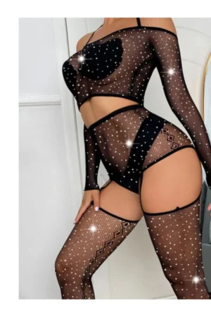 Siyah Fantezi Seksi Fileli Taşlı Vücut Çorabı DN19S8EQSG