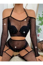 Siyah Fantezi Seksi Fileli Taşlı Vücut Çorabı DN19S8EQSG