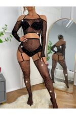 Siyah Fantezi Seksi Fileli Taşlı Vücut Çorabı DN19S8EQSG