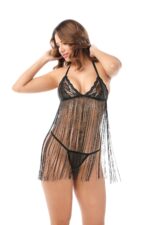 Siyah Fantezi Seksi Püsküllü Babydoll Gecelik Takımı