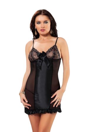 Siyah Fantezi Seksi Saten Detaylı Transparan Gecelik Babydoll Seti