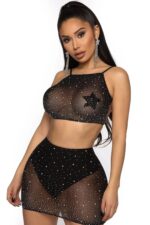 Siyah Fantezi Seksi Transparan Simli Taşlı Büstiyer Mini Etek Takımı 3003693