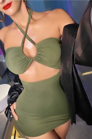 Yeşil Fantezi Seksi Dekolteli Mini Elbise HCQY1GXDXS