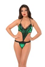 Yeşil Fantezi Seksi Deri Görünümlü Bodysuit