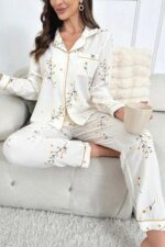 Beyaz Çiçek Desenli Cep Detaylı Uzun Kollu Gömlek Yaka Pijama Takımı