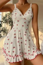 Beyaz Fantezi Seksi Kiraz Desenli Babydoll Gecelik
