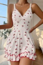 Beyaz Fantezi Seksi Kiraz Desenli Babydoll Gecelik