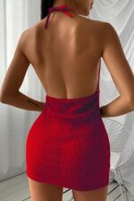 Bordo Fantezi Seksi Boyundan Bağlamalı Göğüs Dekolteli Sırtı Açık Mini Elbise