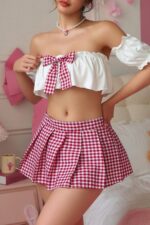 Bordo Fantezi Seksi Kurdele Detaylı Büstiyer Mini Etek Takımı