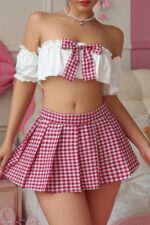 Bordo Fantezi Seksi Kurdele Detaylı Büstiyer Mini Etek Takımı