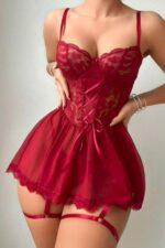 Bordo Fantezi Seksi Örgü Detaylı Babydoll Gecelik 15907.6.S/M