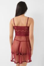 Bordo Fantezi Seksi Şifon Pileli Transparan Dantel Detaylı Babydoll Gecelik Takımı 835