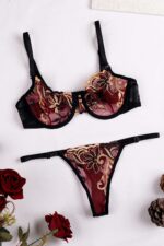 Bordo Fantezi Seksi Transparan Çiçek Desenli Sütyen Takımı