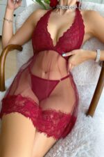 Bordo Fantezi Seksi Transparan Tül Dantel Detaylı Boyundan Bağlamalı Gecelik