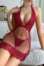 Bordo Fantezi Seksi Transparan Tül Dantel Detaylı Boyundan Bağlamalı Gecelik