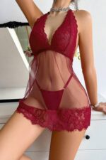 Bordo Fantezi Seksi Transparan Tül Dantel Detaylı Boyundan Bağlamalı Gecelik