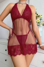 Bordo Fantezi Seksi Transparan Tül Dantel Detaylı Boyundan Bağlamalı Gecelik