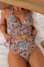 Çiçek Desenli Dolgusuz Desteksiz Kaplı Pedli Yüksek Bel Bikini Takımı M-9023