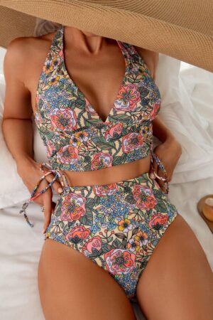 Çiçek Desenli Dolgusuz Desteksiz Kaplı Pedli Yüksek Bel Bikini Takımı M-9023