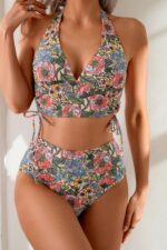 Çiçek Desenli Dolgusuz Desteksiz Kaplı Pedli Yüksek Bel Bikini Takımı M-9023