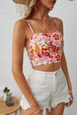Çok Renkli Çiçek Desenli Askılı Crop Bluz