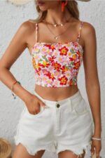 Çok Renkli Çiçek Desenli Askılı Crop Bluz