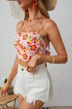 Çok Renkli Çiçek Desenli Askılı Crop Bluz