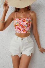 Çok Renkli Çiçek Desenli Askılı Crop Bluz
