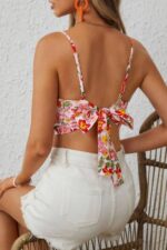 Çok Renkli Çiçek Desenli Askılı Crop Bluz