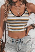 Çok Renkli Çizgi Desenli Askılı Crop Bluz