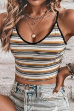Çok Renkli Çizgi Desenli Askılı Crop Bluz