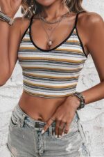 Çok Renkli Çizgi Desenli Askılı Crop Bluz