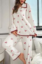 Ekru Kiraz Baskılı Pamuklu Pijama Takımı 7083