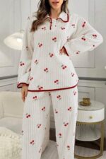 Ekru Kiraz Baskılı Pamuklu Pijama Takımı 7083