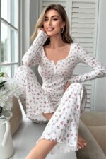 Ekru Uzun Kollu Çiçek Desenli Alt Üst Pijama Takımı