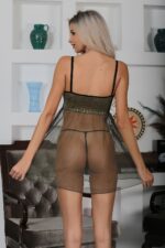 Haki Yeşil Fantezi Seksi Transparan Tül Şifon Pileli Dantel Detaylı Babydoll Gecelik Takımı 656