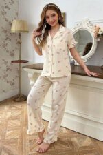 Kadın Ekru Çiçek Desenli Pijama Takımı 7036