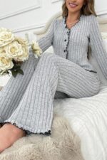 Kadın Gri Fırfırlı V Yaka Pamuklu Pijama Takımı 7091