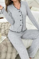 Kadın Gri Fırfırlı V Yaka Pamuklu Pijama Takımı 7091