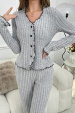 Kadın Gri Fırfırlı V Yaka Pamuklu Pijama Takımı 7091