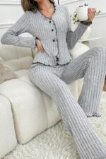 Kadın Gri Fırfırlı V Yaka Pamuklu Pijama Takımı 7091