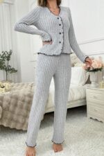 Kadın Gri Fırfırlı V Yaka Pamuklu Pijama Takımı 7091