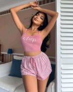 Kadın Pembe Çizgili ve Desenli Şort Takımı H24OCJYYCH